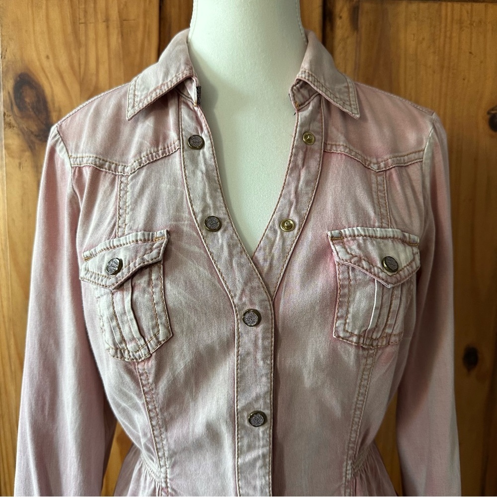 Vintage Y2K Guess Los Angeles Faded Washed Pink Button Up Shirt Cinch Waist - M - Picture 13 of 15